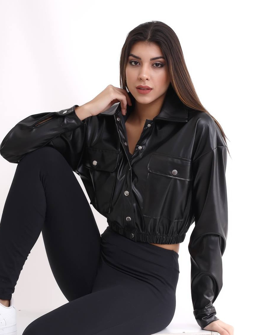 Lady Pu Leather Crop Jacket-Over Size