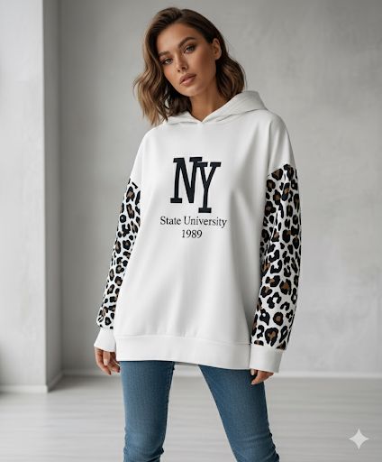 NY State University 1989 Leopard Sleeve Oversized Hoodie