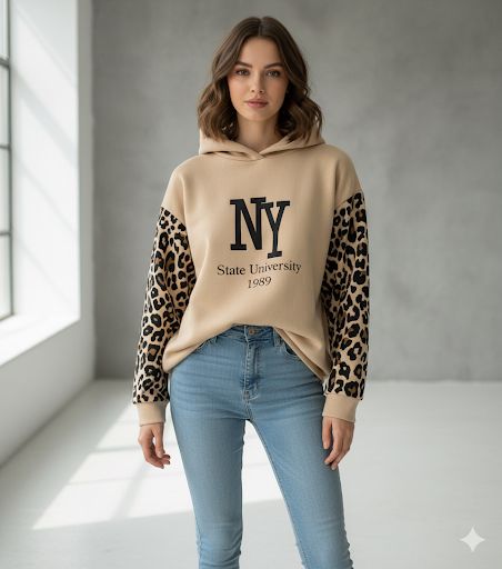NY State University 1989 Leopard Sleeve Oversized Hoodie