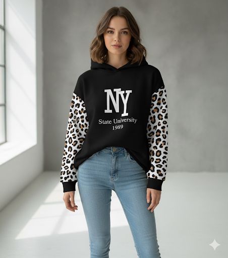 NY State University 1989 Leopard Sleeve Oversized Hoodie