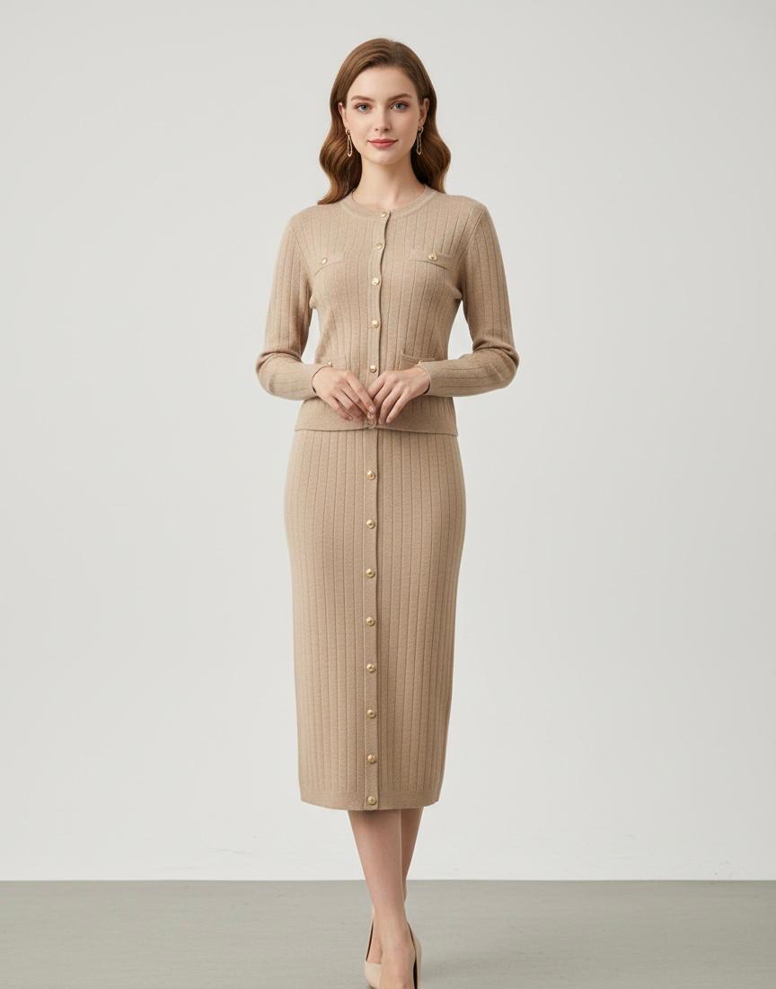 Premium 100% Wool Ribbed Cardigan & Buttoned Midi Skirt Two-Piece Set