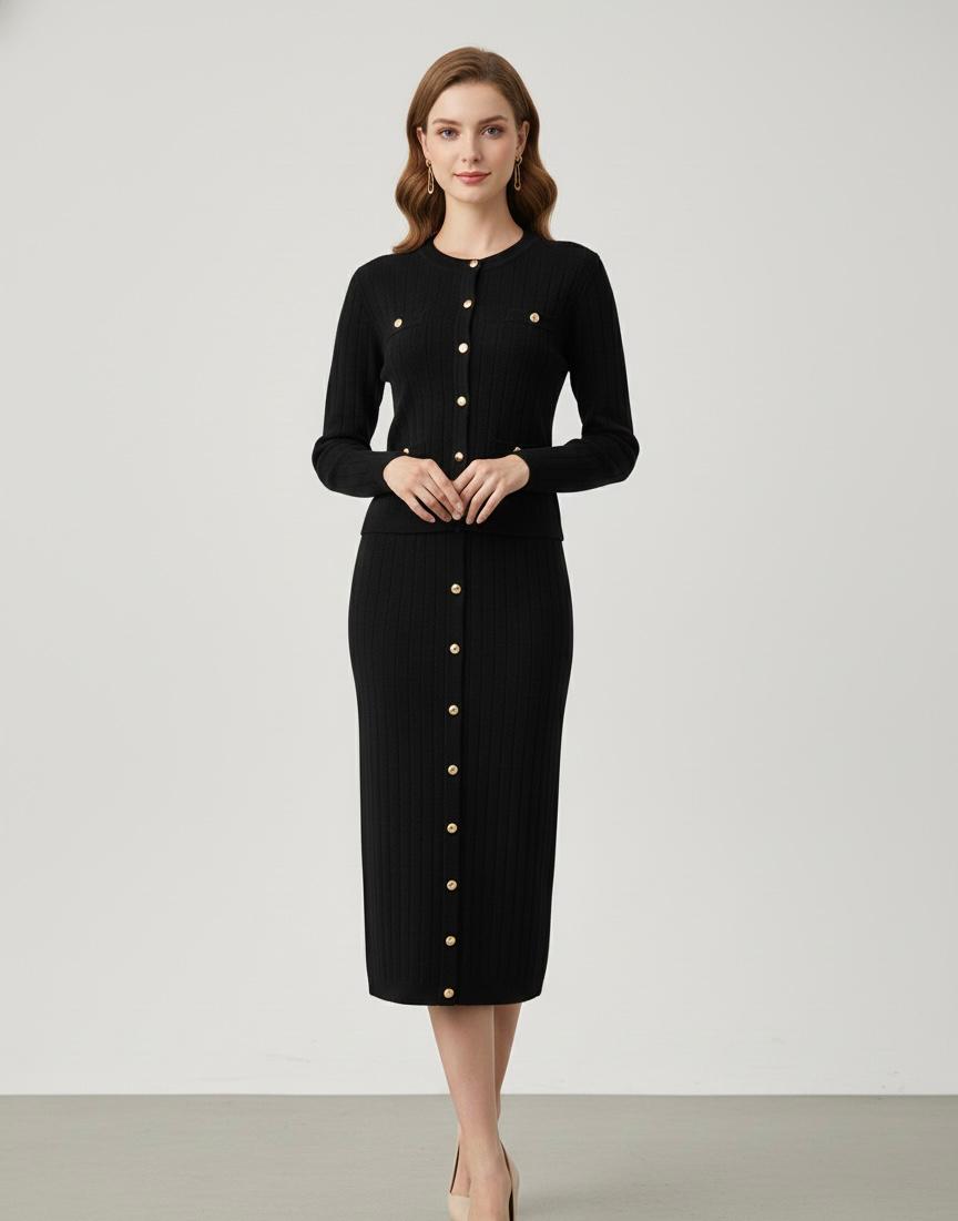 Premium 100% Wool Ribbed Cardigan & Buttoned Midi Skirt Two-Piece Set