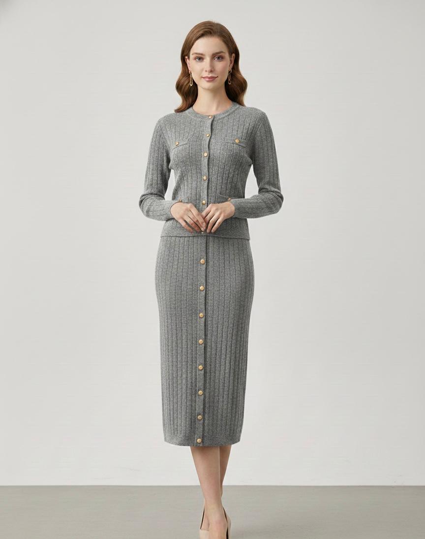 Premium 100% Wool Ribbed Cardigan & Buttoned Midi Skirt Two-Piece Set